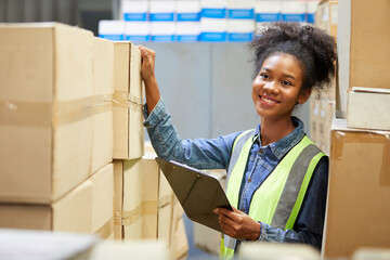 factory worker finding and looking cardboard in the warehouse storage © offsuperphoto