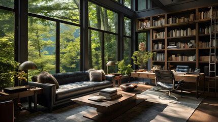 Stylish home office with library comfortable seating, and inspiring views for a tranquil workspace. Generative AI