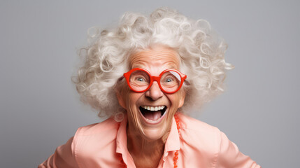 Funny stylish elderly grandmother in glasses poses at studio. Senior old woman looking at camera over bright background.
