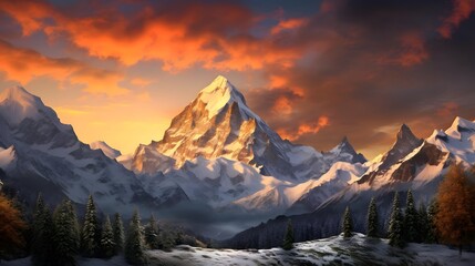 Panoramic view of the snowy mountains at sunset. Switzerland.