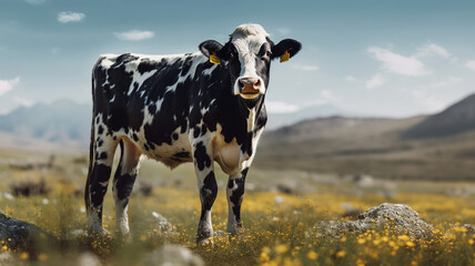 a black cow with white spots grazes on a flower meadow.