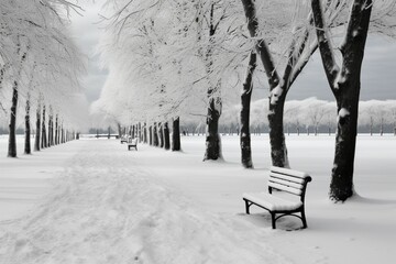 Winters melancholy, trees stand in solemn black and white silence