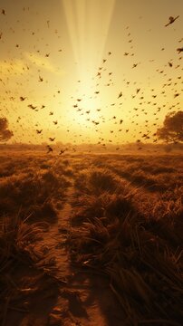 Fields of bountiful crops wither and brown under a thick swarm of locusts, their shadows casting the ground into twilight