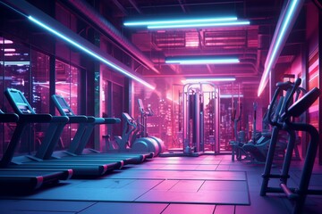 Neon-lit gym rendered in 3D. Generative AI