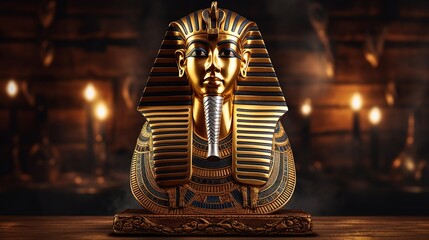 Golden mask of King Tutankhamun gleaming in torchlight