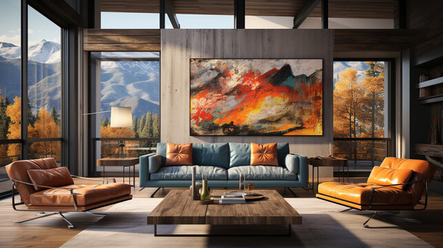 A Modern Steel and Concrete Home Living Room with Colorful Paintings Fall Mountain Scenary Outside Interior Background