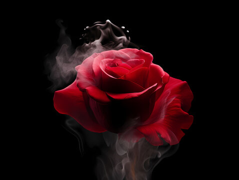 red rose on black background with smoke