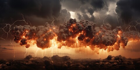 Hailstones, like fiery meteorites, descending from a tempestuous sky, igniting the structures below - obrazy, fototapety, plakaty