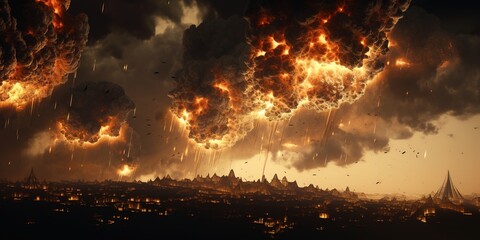 Hailstones, like fiery meteorites, descending from a tempestuous sky, igniting the structures below