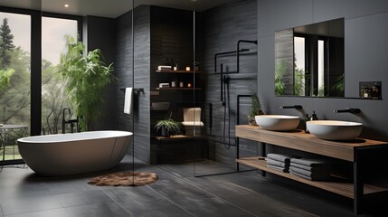 Bathroom interior design with matte black bath and modern shower. Generative AI