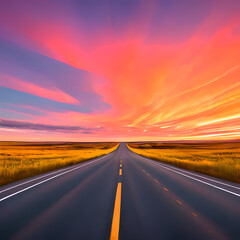 Naklejka premium Straight road with sunset, empty road, Generative AI