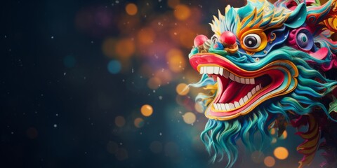 Colorful chinese dragon celebrate lunar new year. Copy space banner - obrazy, fototapety, plakaty