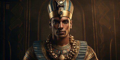 King Menes, the first pharaoh of unified Egypt, captured in a solemn portrait with the crown of Upper and Lower Egypt
