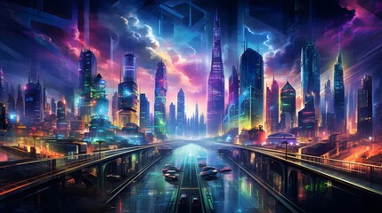 Futuristic city panorama. Panorama of the city at night