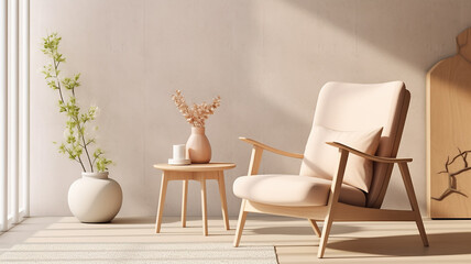 an armchair in a bright modern minimalist interior against a wall background.