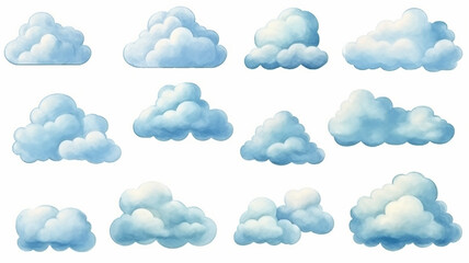 a set of watercolor painted clouds on a white background isolated.