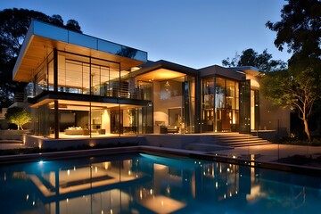Modern Luxury Home with pool and parking for sale or rent at night.