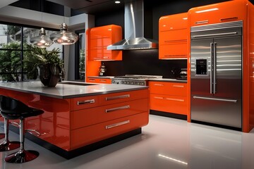 Modern orange kitchen in new luxury home. Panoramic image.