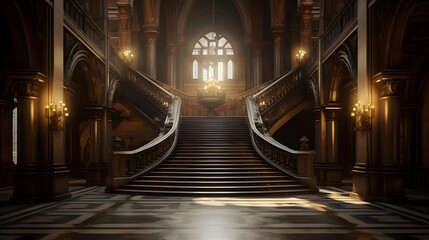 3d rendering of a dark hall with a staircase leading to an ancient church