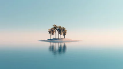 Poster lonely little island with palm trees in the sea minimalism landscape. © kichigin19