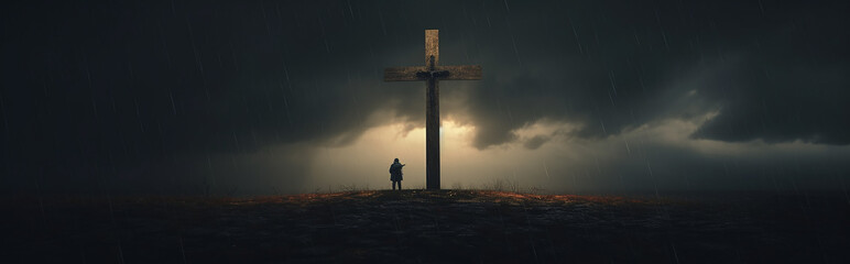 panoramic landscape a lonely man at a glowing cross concept biblical religion. - obrazy, fototapety, plakaty