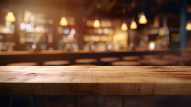 an empty tabletop podium in a restaurant with a blurred background with a copy of the evening bar space.