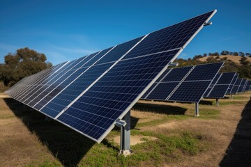 A solar panel installation, highlighting the use of renewable energy sources and promoting sustainability, the panels captured against a clear blue sky symbolizing ecology protection.
