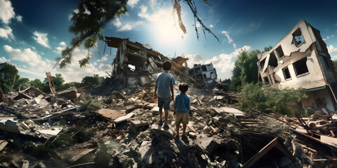 Rear view of a orphaned children stand in front ruin of a destroyed building, War disaster concept illustration - obrazy, fototapety, plakaty