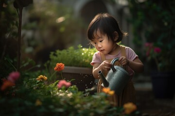 Asian preschooler girl playing in a backyard garden, watering plants with a small watering can. Connection with nature and love for gardening. Generative AI