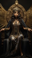 Portrait of Isis, the mother goddess, with her winged arms and symbolic throne crown - obrazy, fototapety, plakaty