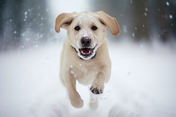 a cute happy-looking adult brown dog running through the snowy terrain in the countryside, looking into the camera, low-angle shot