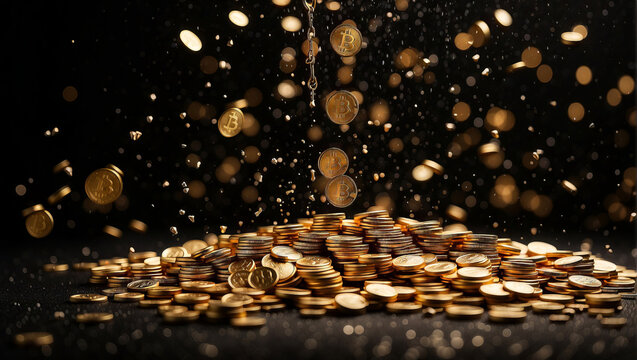 A rain of gold coins and Bitcoins against a black background