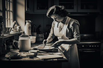 Ancienne photographie d'une femme dans sa cuisine en 1960 - obrazy, fototapety, plakaty