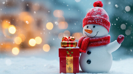 Obraz premium Christmas Eve Holiday Cute Snowman Giving Gifts in Outdoor Background Selective Focus
