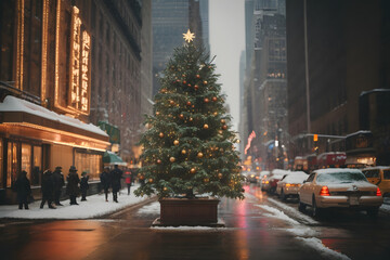 Christmas tree on a street in a big city on a snowy day