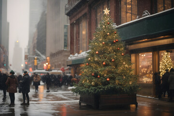 Christmas tree on a street in a big city on a snowy day
