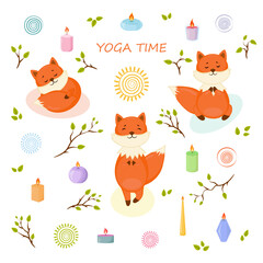 Yoga collection with cute foxes, sun symbols, candles, tree branches. Healthy life style concept. Kids print design.
