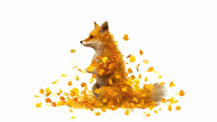 wild fox in a whirlwind of autumn yellow leaves. . on a white background, autumn symbol, logo