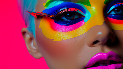 Woman's face is painted with multicolored face paint