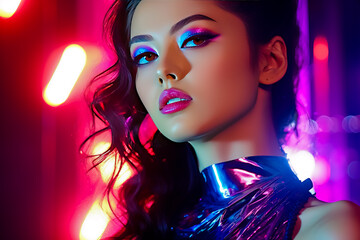 Young woman in night club on colorful background.