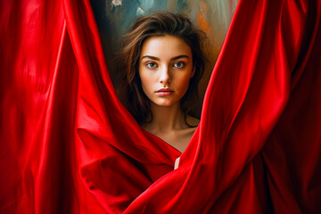 Jeune femme se cachant derrière un rideau rouge - obrazy, fototapety, plakaty