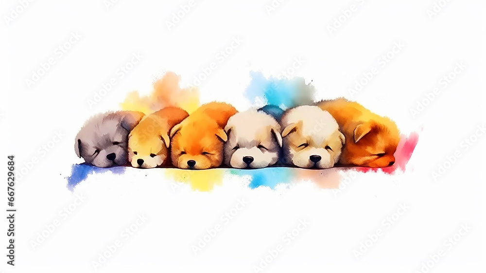 Wall mural multicolored watercolor puppies on a white background.