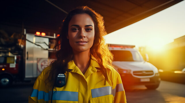 A young female paramedic standing near a service vehicle.