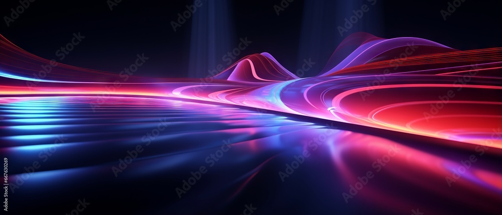 Poster 3d render of abstract neon background with glowing lines and floor reflection in dark room