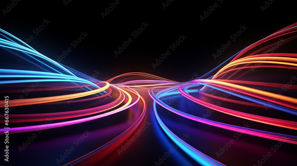 Poster 3d render of abstract neon background with glowing lines and floor reflection in dark room