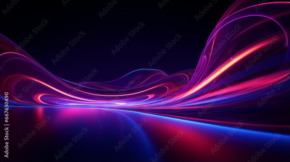 Poster abstract neon background with glowing lines and floor reflection. 3d render of a dynamic ribbon in a