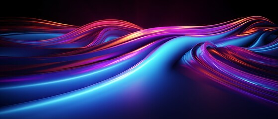 Abstract neon background with glowing lines and floor reflection. 3d render of a dynamic ribbon in a dark room. Energy concept wallpaper.
