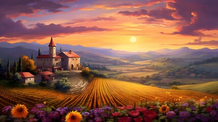 Tuscany panoramic landscape with sunflowers and church