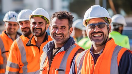 Happy and diverse construction workers in uniform posing together at a building site