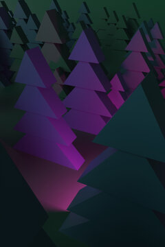 Abstract paper Christmas forest of fir trees in neon light at night. 3d render illustration